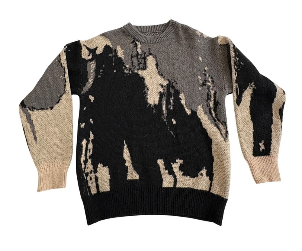 ROMWE Funky Graphic Print Knit Crew Neck Pullover Sweater L Tan Gray Black